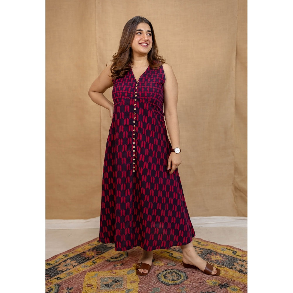 The Indian Ethnic Co. Multi-Color A-Line Dabu Printed Cotton Dress With V Neck