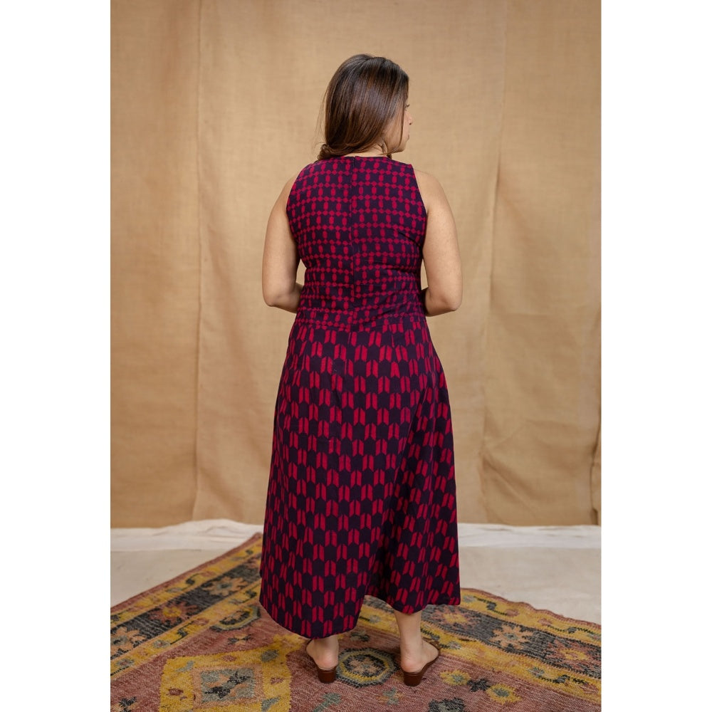 The Indian Ethnic Co. Multi-Color A-Line Dabu Printed Cotton Dress With V Neck