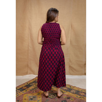 The Indian Ethnic Co. Multi-Color A-Line Dabu Printed Cotton Dress With V Neck