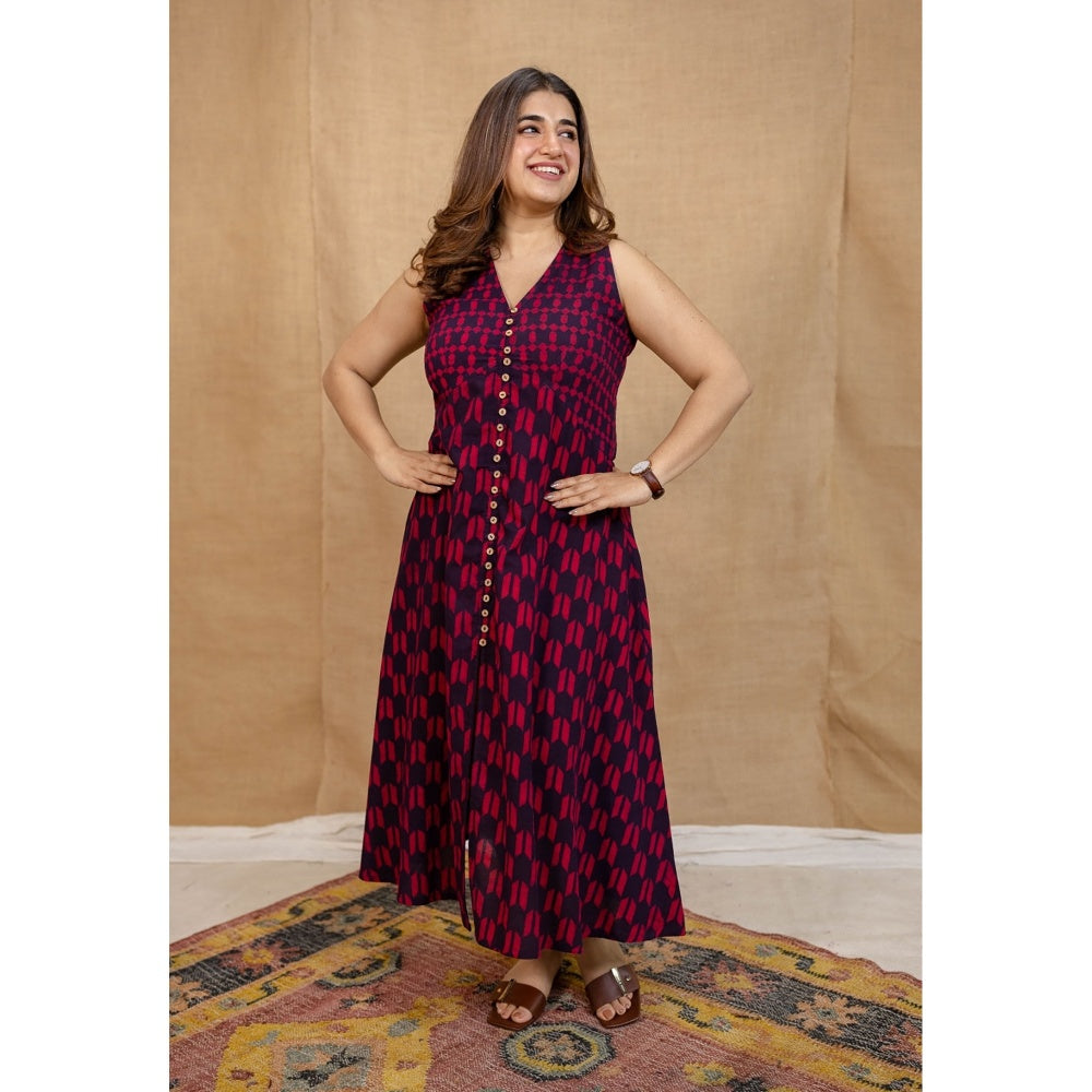 The Indian Ethnic Co. Multi-Color A-Line Dabu Printed Cotton Dress With V Neck