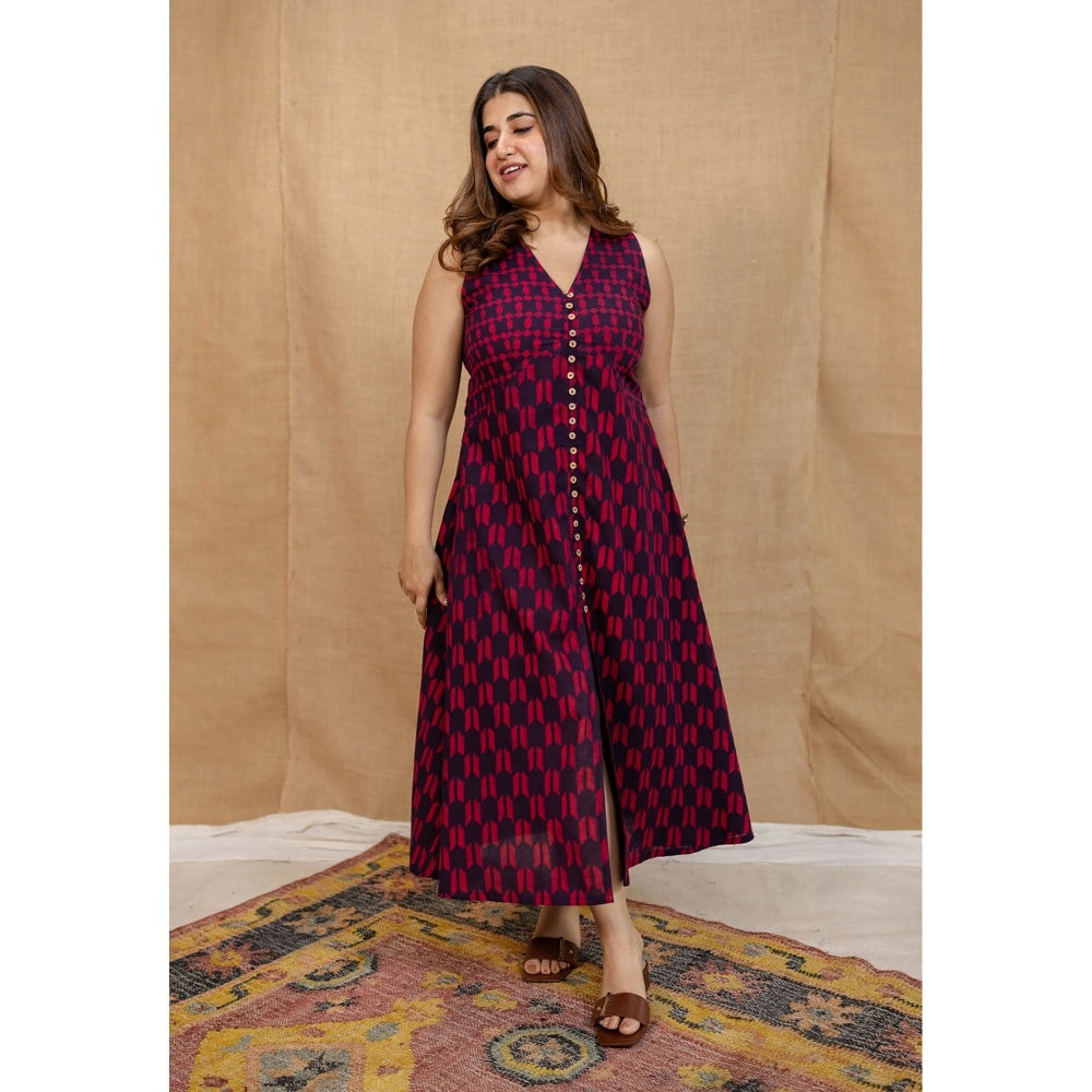The Indian Ethnic Co. Multi-Color A-Line Dabu Printed Cotton Dress With V Neck