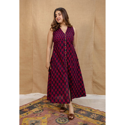 The Indian Ethnic Co. Multi-Color A-Line Dabu Printed Cotton Dress With V Neck