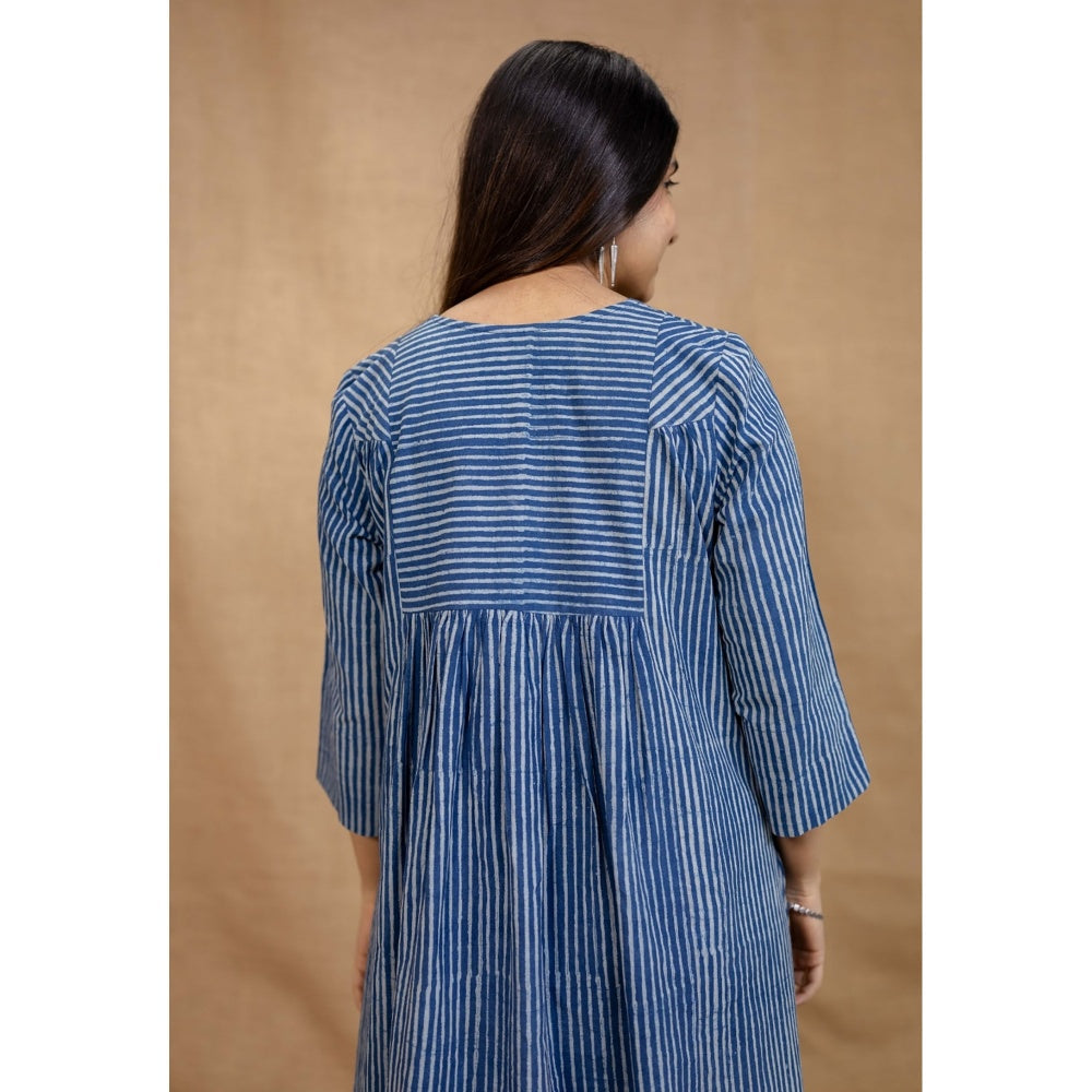 The Indian Ethnic Co. Blue A-Line Dabu Printed Cotton Dress With V Neck