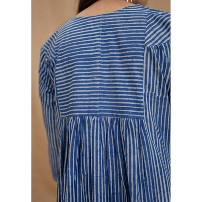 The Indian Ethnic Co. Blue A-Line Dabu Printed Cotton Dress With V Neck