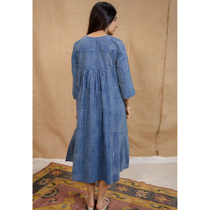 The Indian Ethnic Co. Blue A-Line Dabu Printed Cotton Dress With V Neck