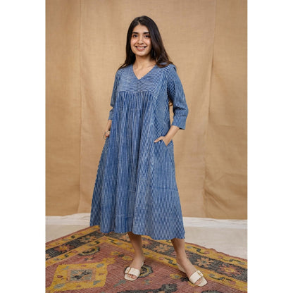 The Indian Ethnic Co. Blue A-Line Dabu Printed Cotton Dress With V Neck