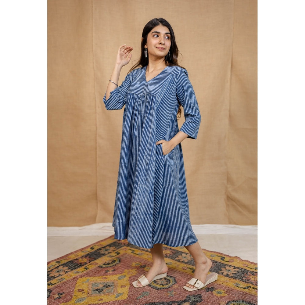 The Indian Ethnic Co. Blue A-Line Dabu Printed Cotton Dress With V Neck