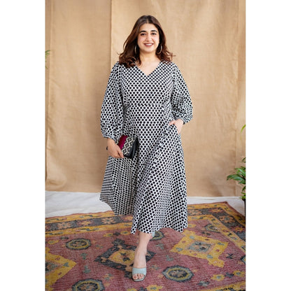 The Indian Ethnic Co. Multi-Color A-Line Dabu Printed Cotton Dress With V Neck