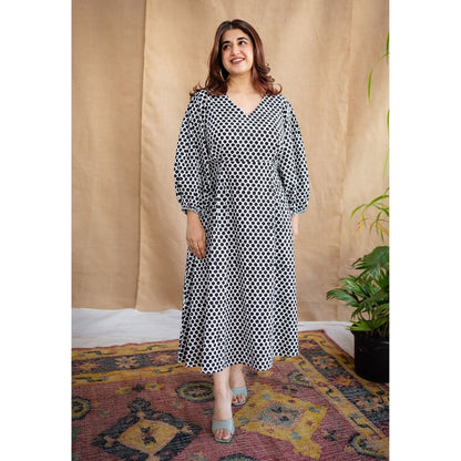 The Indian Ethnic Co. Multi-Color A-Line Dabu Printed Cotton Dress With V Neck