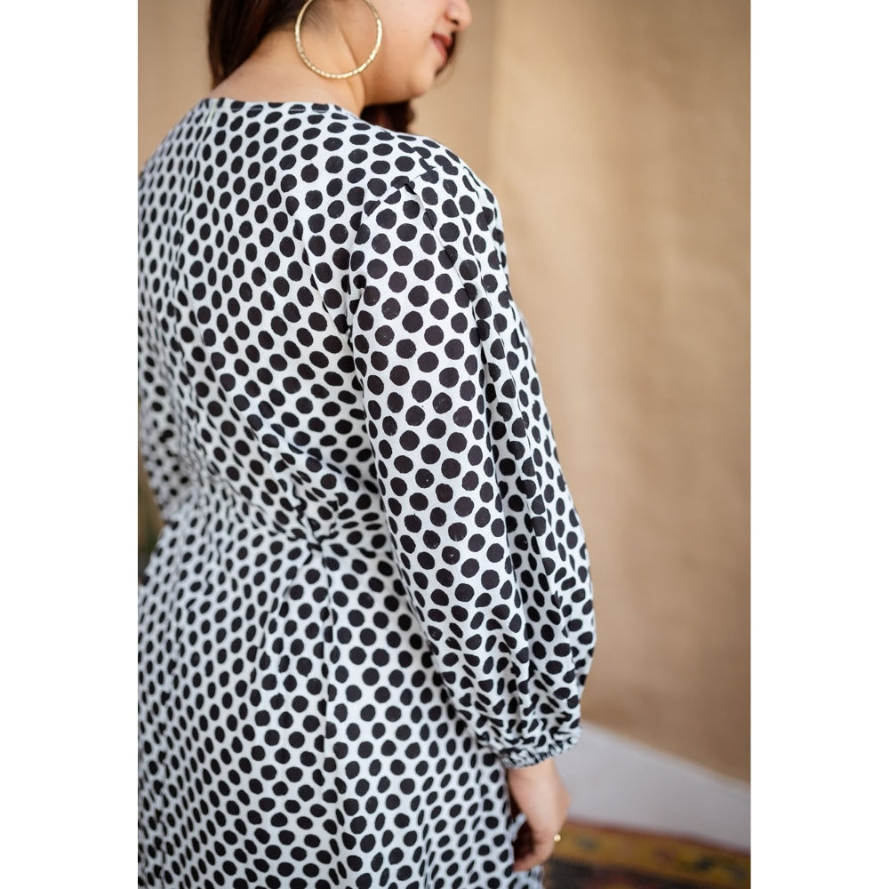 The Indian Ethnic Co. Multi-Color A-Line Dabu Printed Cotton Dress With V Neck