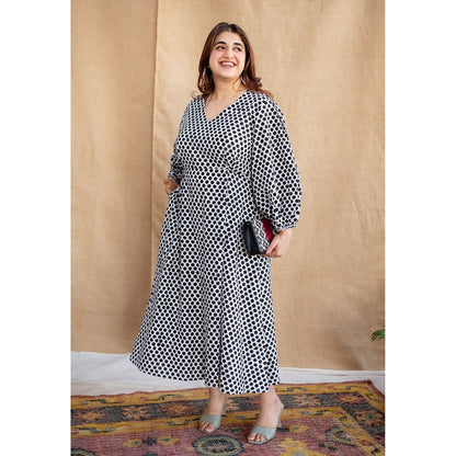 The Indian Ethnic Co. Multi-Color A-Line Dabu Printed Cotton Dress With V Neck