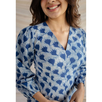 The Indian Ethnic Co. Blue A-Line Dabu Printed Cotton Dress With V Neck