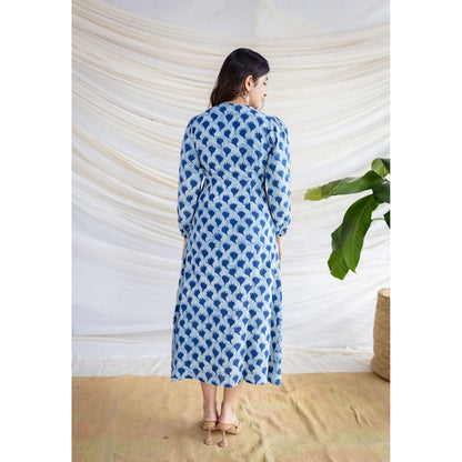 The Indian Ethnic Co. Blue A-Line Dabu Printed Cotton Dress With V Neck