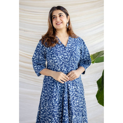 The Indian Ethnic Co. Blue A-Line Dabu Printed Cotton Dress With V Neck