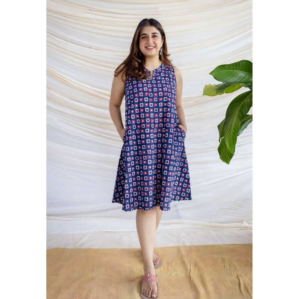 The Indian Ethnic Co. Multi-Color A-Line Dabu Printed Cotton Dress With Mandarin Neck