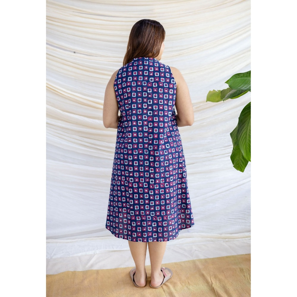 The Indian Ethnic Co. Multi-Color A-Line Dabu Printed Cotton Dress With Mandarin Neck