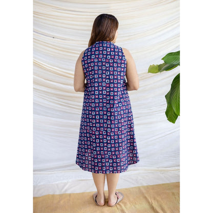 The Indian Ethnic Co. Multi-Color A-Line Dabu Printed Cotton Dress With Mandarin Neck