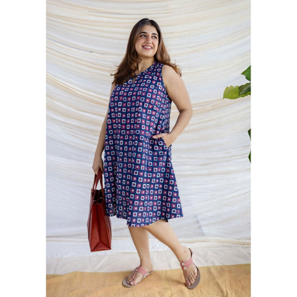 The Indian Ethnic Co. Multi-Color A-Line Dabu Printed Cotton Dress With Mandarin Neck