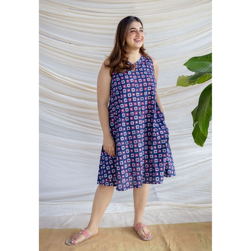 The Indian Ethnic Co. Multi-Color A-Line Dabu Printed Cotton Dress With Mandarin Neck