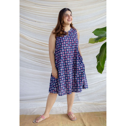 The Indian Ethnic Co. Multi-Color A-Line Dabu Printed Cotton Dress With Mandarin Neck