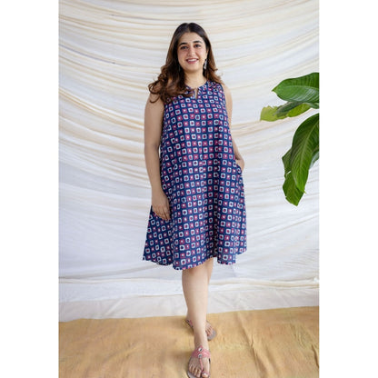 The Indian Ethnic Co. Multi-Color A-Line Dabu Printed Cotton Dress With Mandarin Neck
