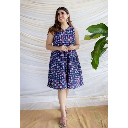 The Indian Ethnic Co. Multi-Color A-Line Dabu Printed Cotton Dress With Mandarin Neck