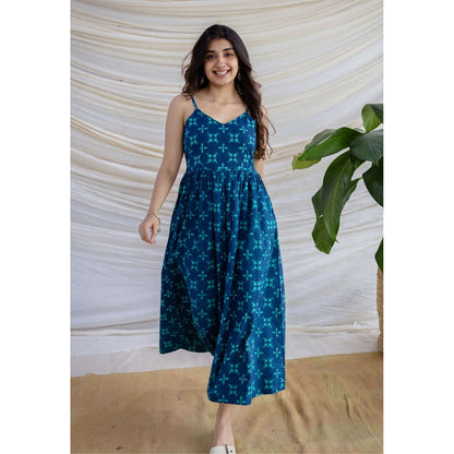 The Indian Ethnic Co. Blue A-Line Dabu Printed Cotton Dress With V Neck