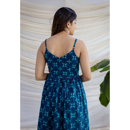 The Indian Ethnic Co. Blue A-Line Dabu Printed Cotton Dress With V Neck