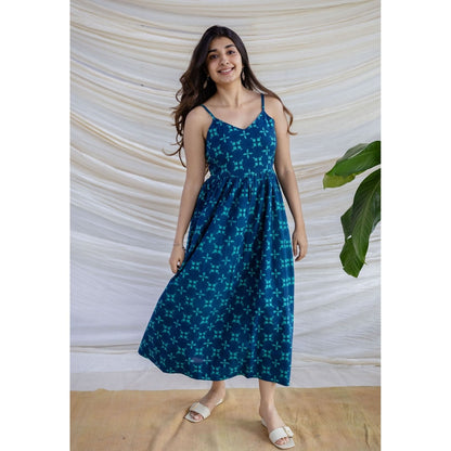 The Indian Ethnic Co. Blue A-Line Dabu Printed Cotton Dress With V Neck