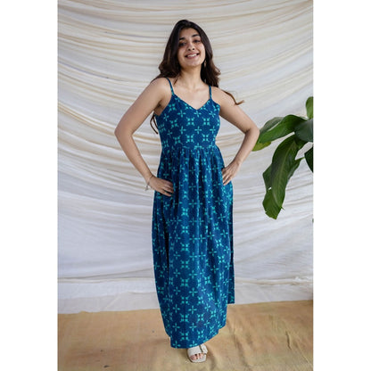 The Indian Ethnic Co. Blue A-Line Dabu Printed Cotton Dress With V Neck