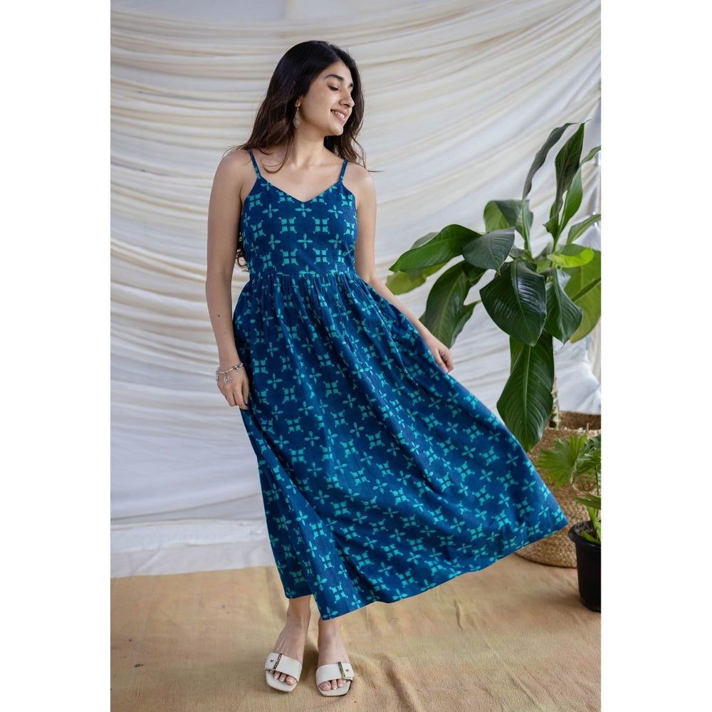 The Indian Ethnic Co. Blue A-Line Dabu Printed Cotton Dress With V Neck