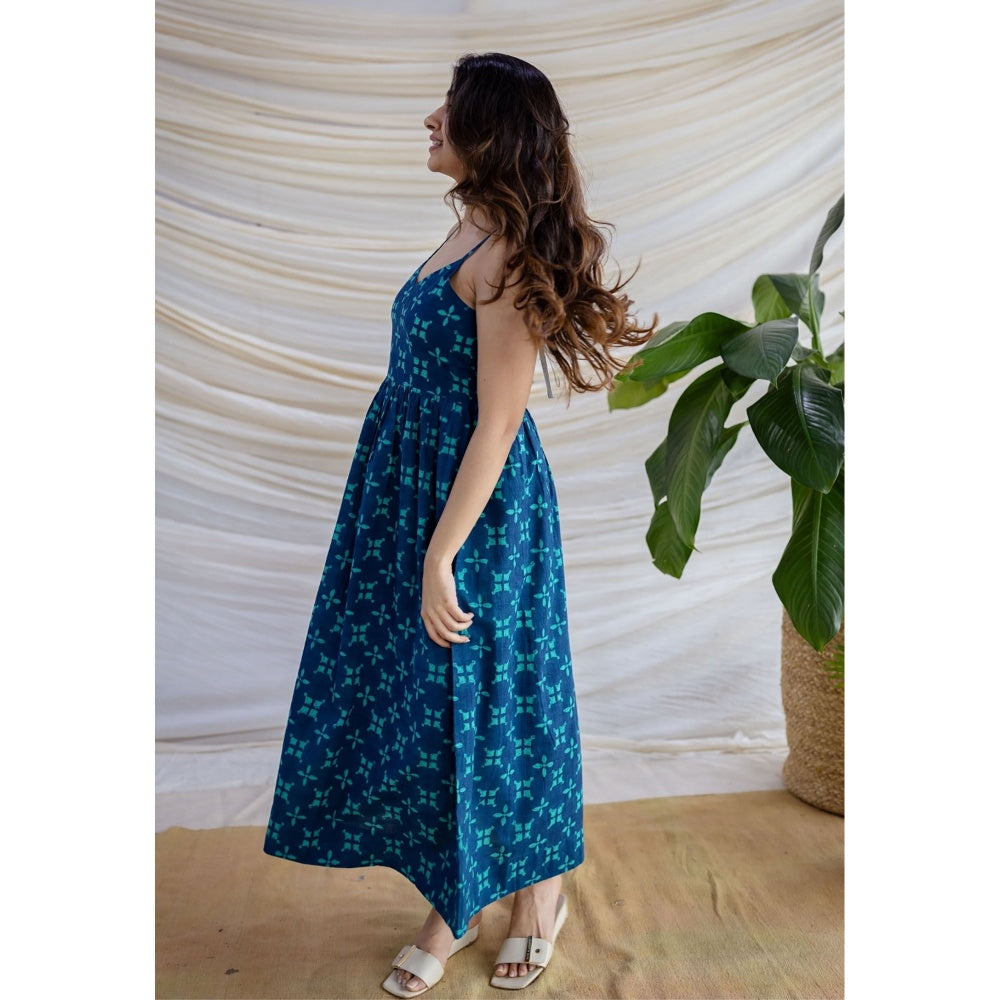The Indian Ethnic Co. Blue A-Line Dabu Printed Cotton Dress With V Neck