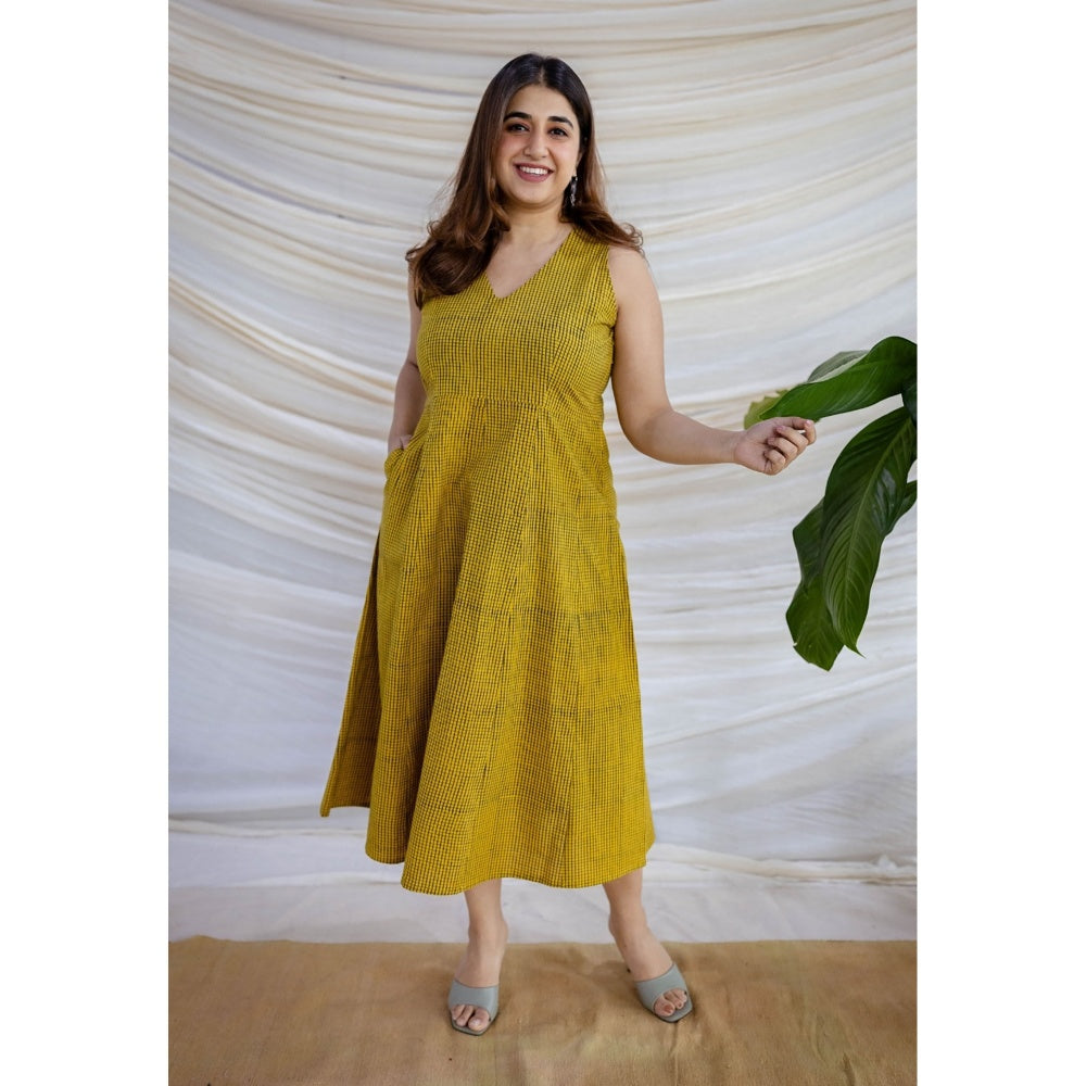 The Indian Ethnic Co. Yellow A-Line Ajrakh Printed Cotton Dress With V Neck