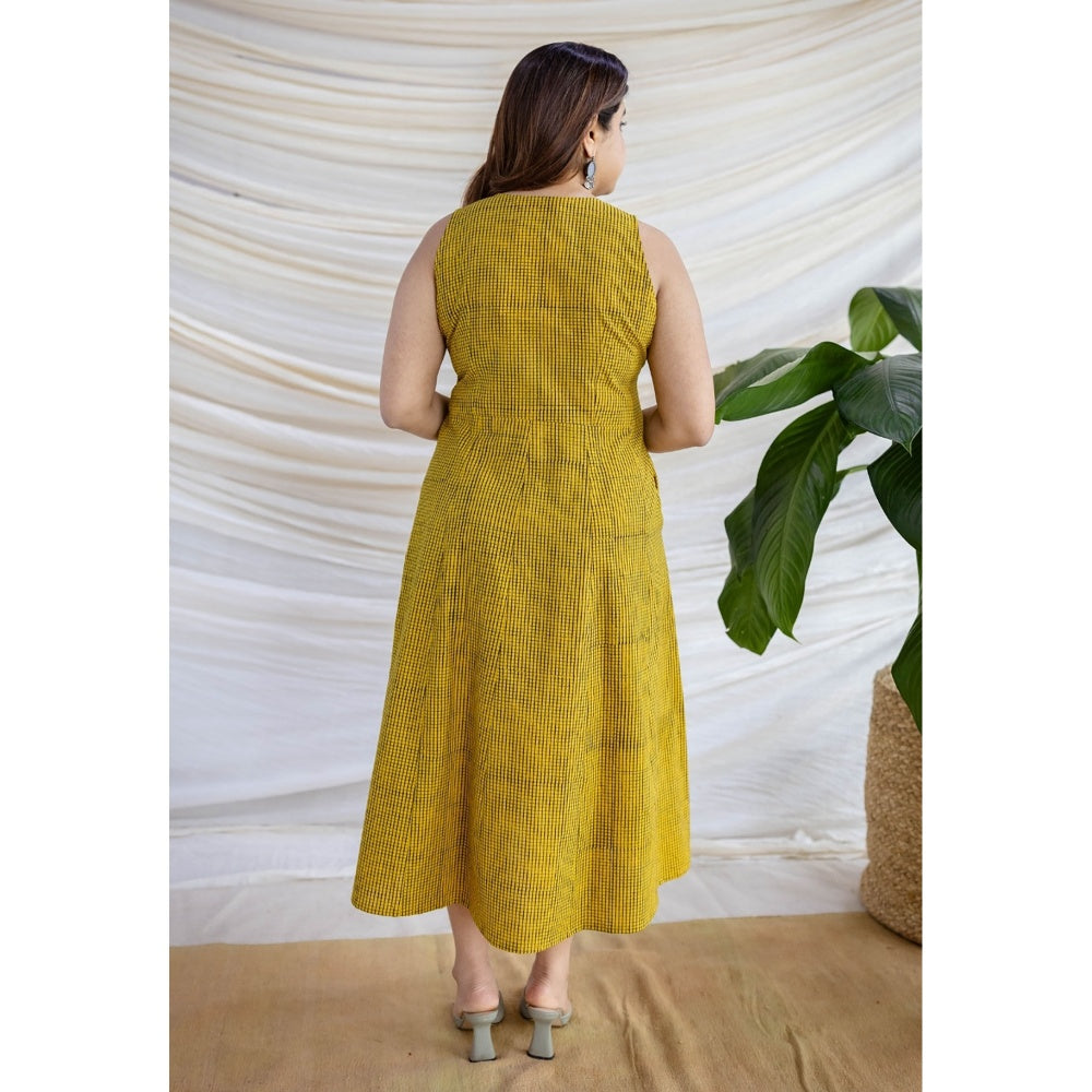 The Indian Ethnic Co. Yellow A-Line Ajrakh Printed Cotton Dress With V Neck