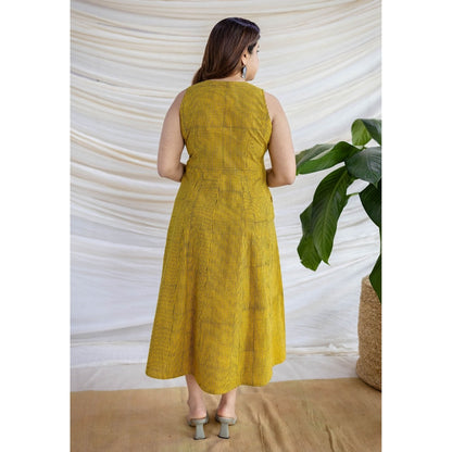 The Indian Ethnic Co. Yellow A-Line Ajrakh Printed Cotton Dress With V Neck