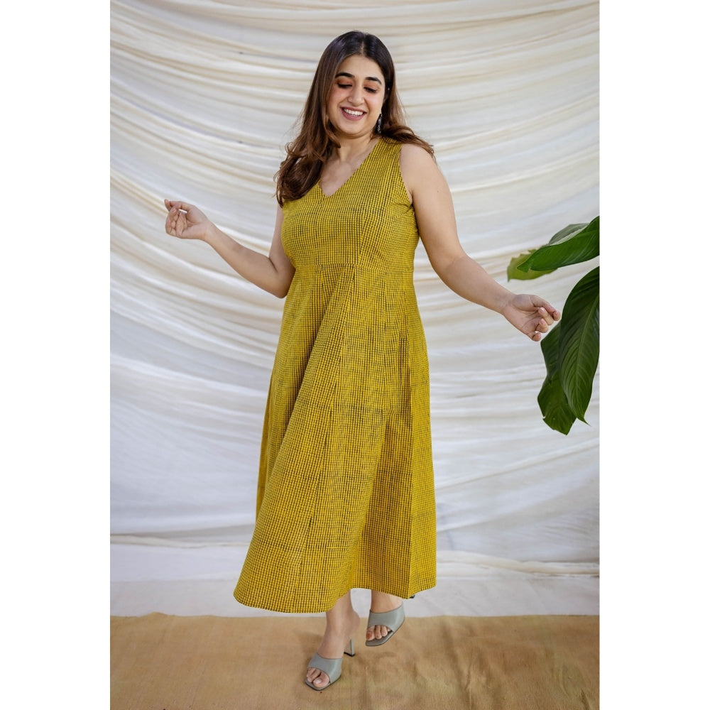 The Indian Ethnic Co. Yellow A-Line Ajrakh Printed Cotton Dress With V Neck