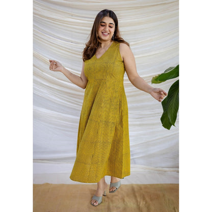 The Indian Ethnic Co. Yellow A-Line Ajrakh Printed Cotton Dress With V Neck