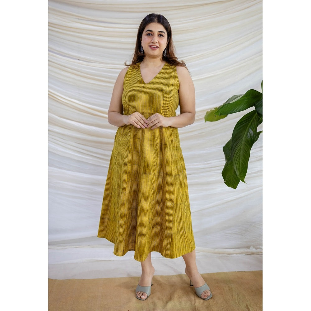 The Indian Ethnic Co. Yellow A-Line Ajrakh Printed Cotton Dress With V Neck