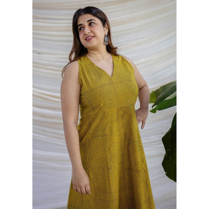 The Indian Ethnic Co. Yellow A-Line Ajrakh Printed Cotton Dress With V Neck