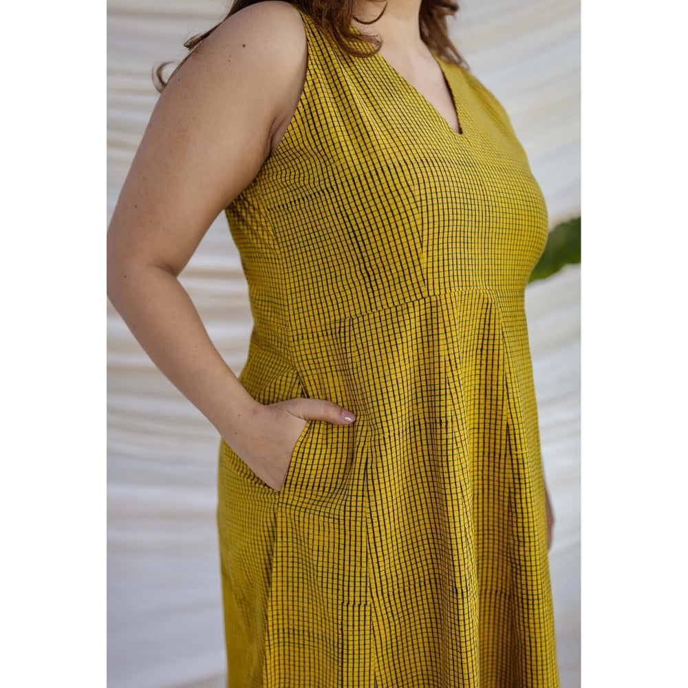 The Indian Ethnic Co. Yellow A-Line Ajrakh Printed Cotton Dress With V Neck