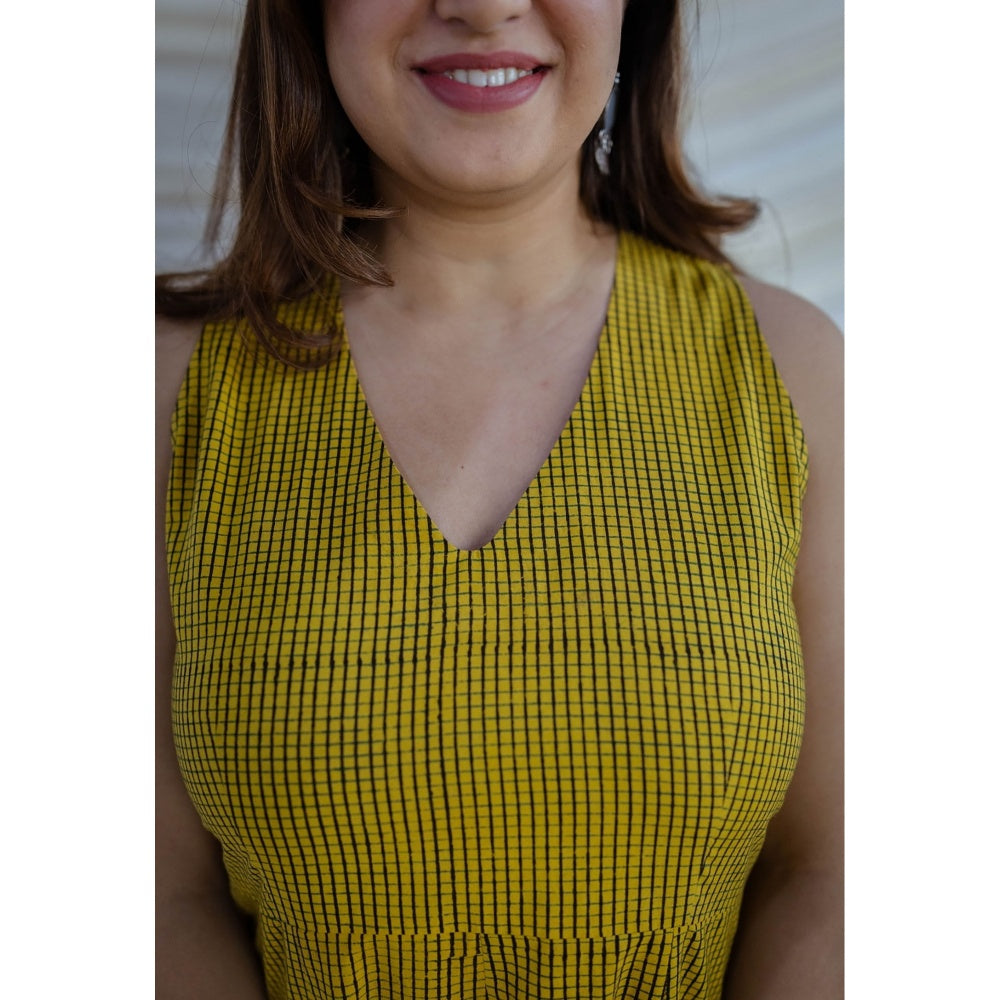 The Indian Ethnic Co. Yellow A-Line Ajrakh Printed Cotton Dress With V Neck