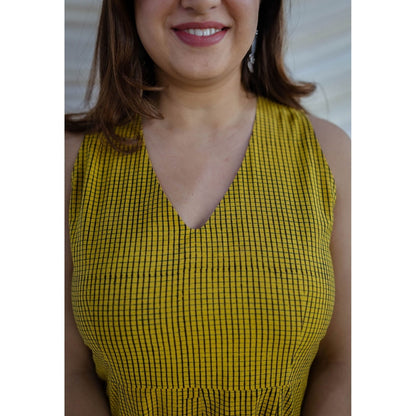 The Indian Ethnic Co. Yellow A-Line Ajrakh Printed Cotton Dress With V Neck