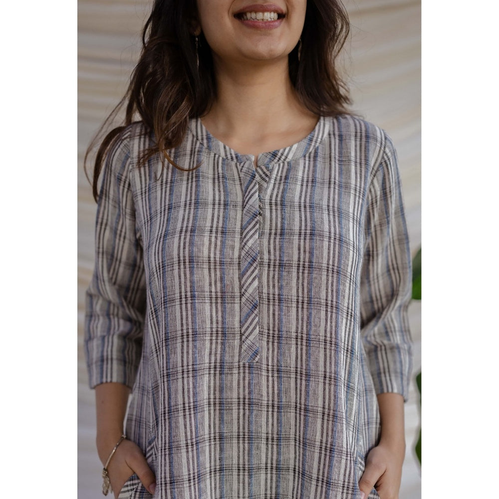The Indian Ethnic Co. Multi Straight Handwoven Kala Cotton Dress With Mandarin Neck