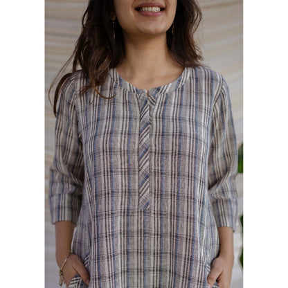 The Indian Ethnic Co. Multi Straight Handwoven Kala Cotton Dress With Mandarin Neck