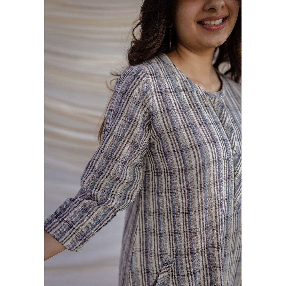 The Indian Ethnic Co. Multi Straight Handwoven Kala Cotton Dress With Mandarin Neck