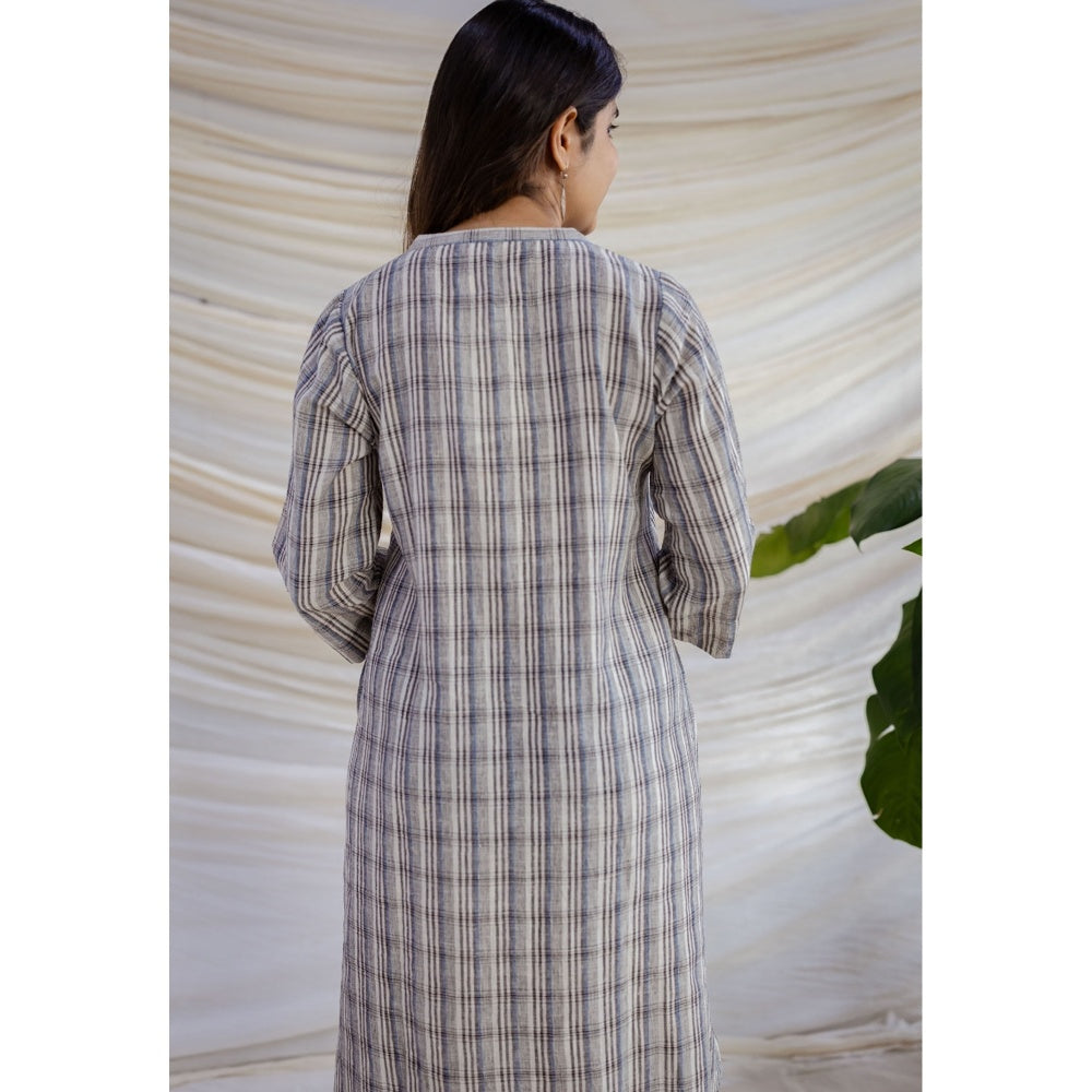 The Indian Ethnic Co. Multi Straight Handwoven Kala Cotton Dress With Mandarin Neck