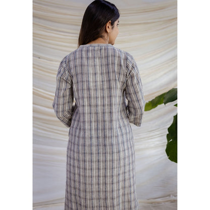 The Indian Ethnic Co. Multi Straight Handwoven Kala Cotton Dress With Mandarin Neck