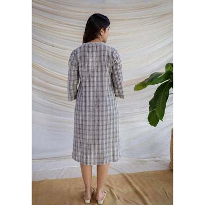 The Indian Ethnic Co. Multi Straight Handwoven Kala Cotton Dress With Mandarin Neck