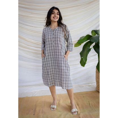 The Indian Ethnic Co. Multi Straight Handwoven Kala Cotton Dress With Mandarin Neck