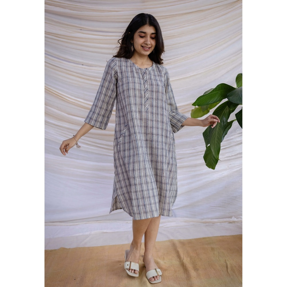 The Indian Ethnic Co. Multi Straight Handwoven Kala Cotton Dress With Mandarin Neck
